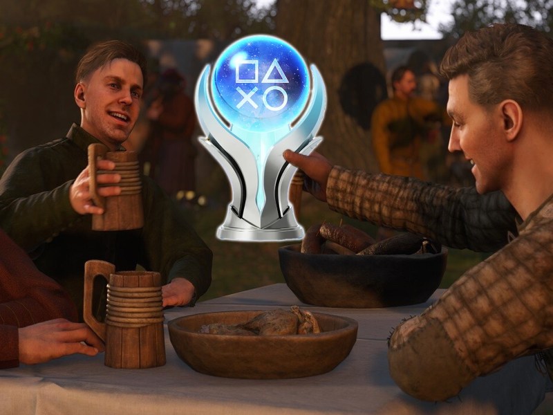 Screenshot aus Kingdom Come: Deliverance 2. Per Fotomontage wurde Heinrich die PS5-Platin-TrophÃ¤e in die Hand gesteckt.