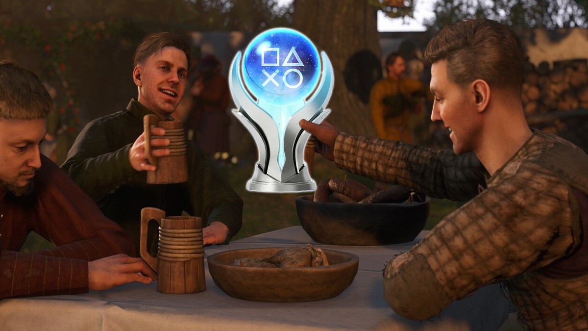 Screenshot aus Kingdom Come: Deliverance 2. Per Fotomontage wurde Heinrich die PS5-Platin-TrophÃ¤e in die Hand gesteckt.