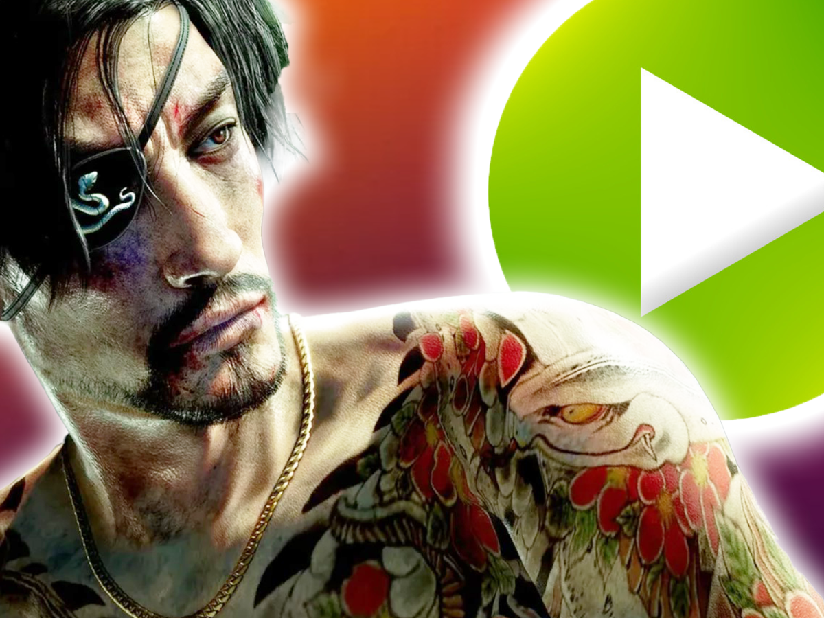 Eine Bildmontage, die den mÃ¤nnlich gelesenen Protagonisten aus Like a Dragon: Pirate Yakuza in Hawaii zeigt.