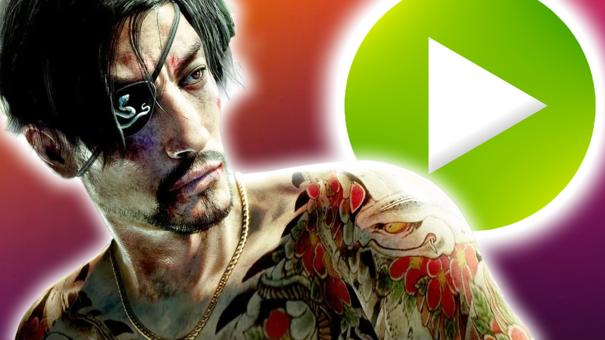 Eine Bildmontage, die den mÃ¤nnlich gelesenen Protagonisten aus Like a Dragon: Pirate Yakuza in Hawaii zeigt.