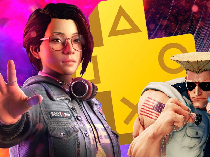 Alex Chen aus LIfe is Strange: True COlors und Guile aus Street Fighter 5 vor dem PS Plus Logo.