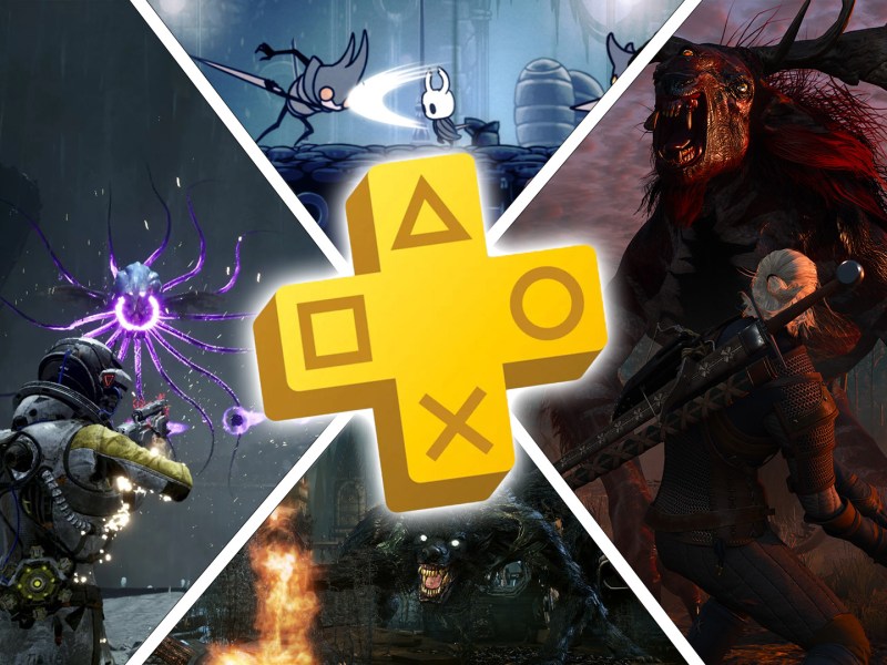 Eine Collage mit Returnal, Hollow Knight, The Witcher 3 und Bloodborne sowie dem PS Plus-Symbol.