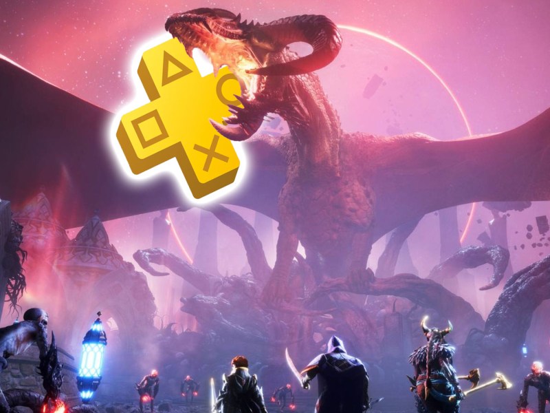 Screenshot aus Dragon Age: The Veilguard. Der Drache hat das PS Plus-Logo im Mund.