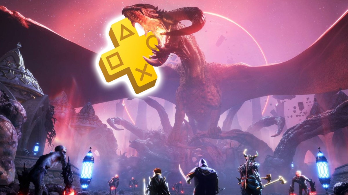 Screenshot aus Dragon Age: The Veilguard. Der Drache hat das PS Plus-Logo im Mund.