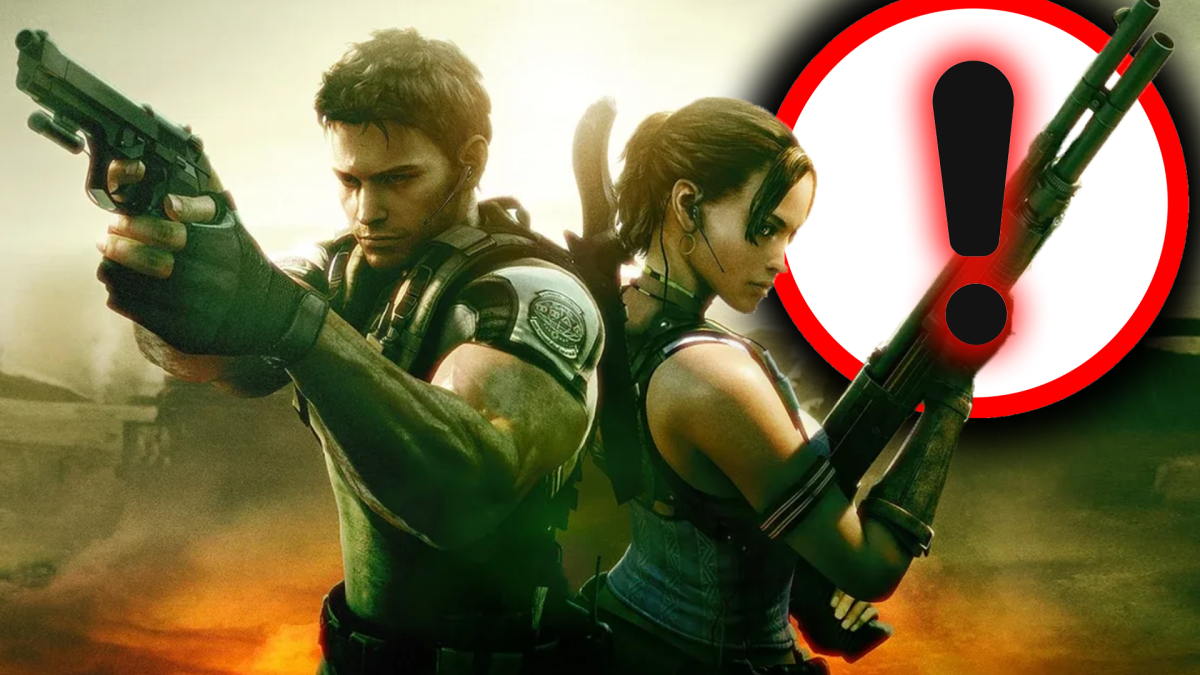 Eine Bildmontage, die einen weibliche und einen mÃ¤nnlich gelesenen Charakter aus Resident Evil 5 zeigt.