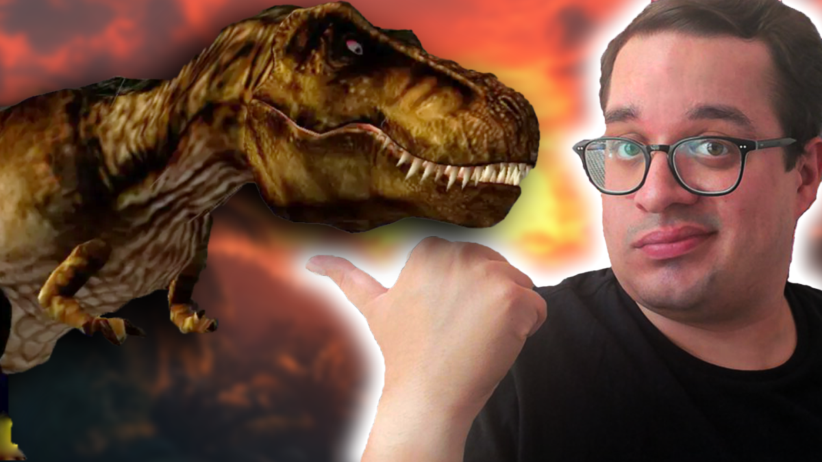 Eine Bildmontage, die einen Tyrannosaurus Rex zeigt, neben einem Redakteur von 4P