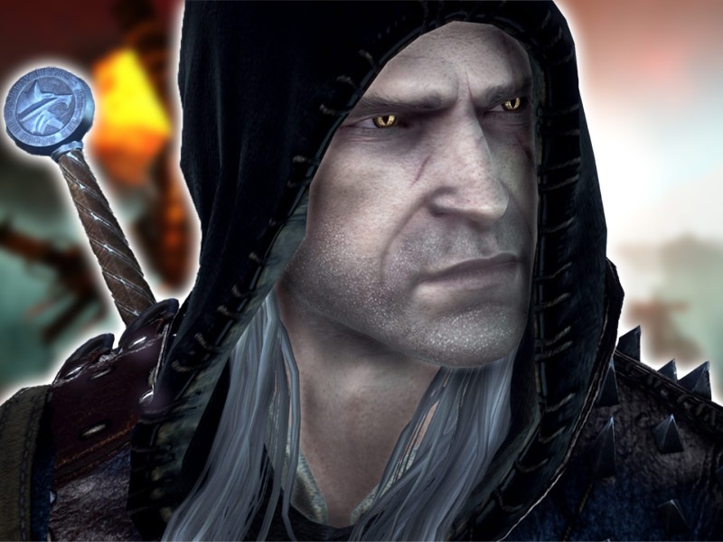 Ein Screenshot aus The Witcher 2 mit einem großen Geralt davor.