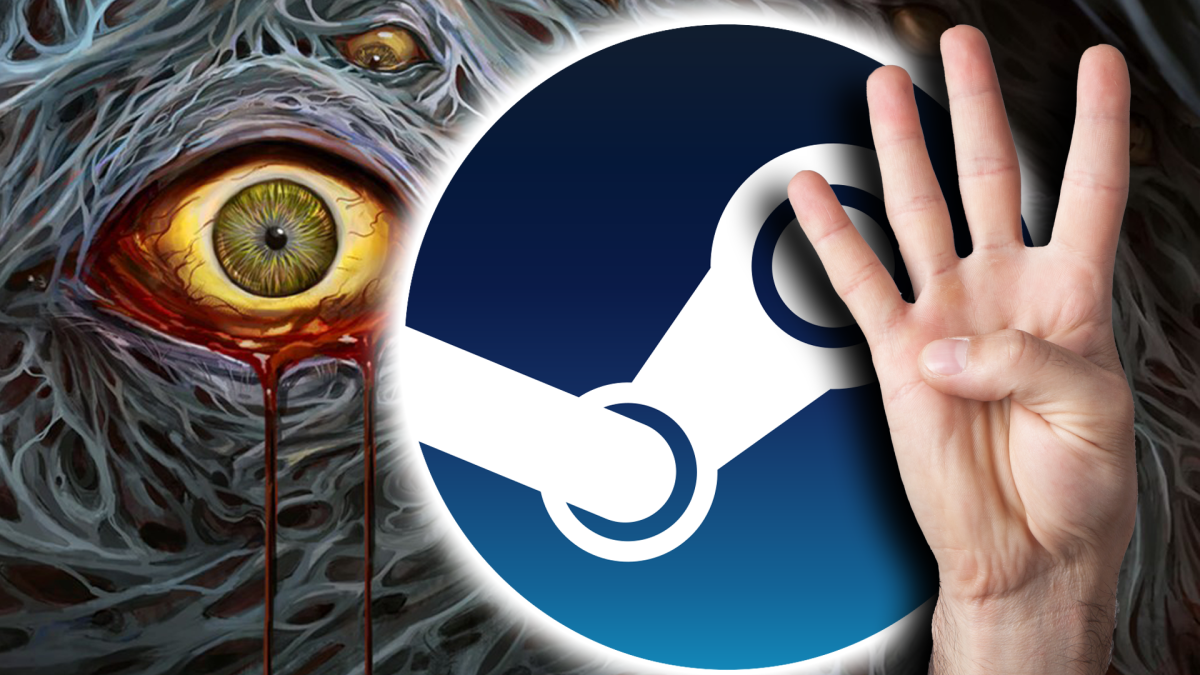 Eine Bildmontage, die ein blutiges Auge zeigt und das Icon der Vertriebsplattform Steam.