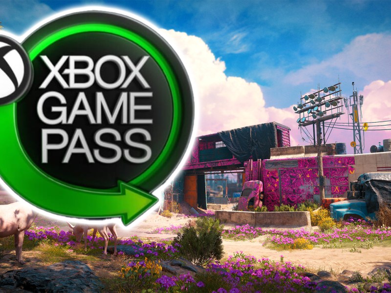 Screenshot aus Far Cry New Dawn kombiniert mit dem Logo des Xbox Game Pass.