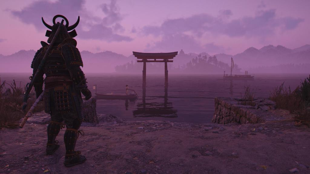 Assassin's Creed Shadows. Yasuke an einem Torii am BIwa-See in Omi.