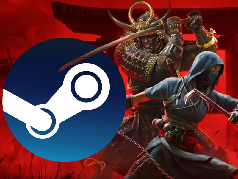 Naoe und Yasuke aus Assassin's Creed Shadows neben dem Steam-Logo