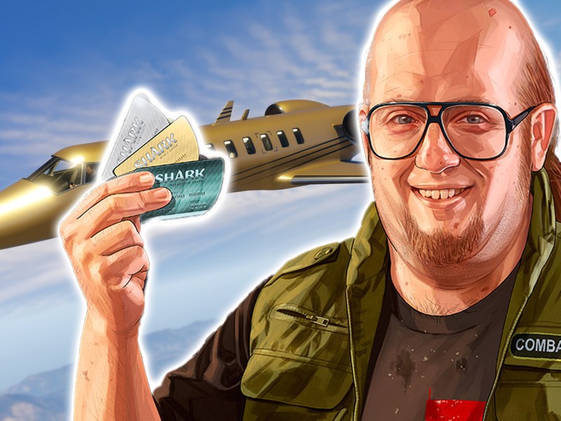 Screenshot aus GTA 5 mit einem Shark Card-HÃ¤ndler im Vordergrund.