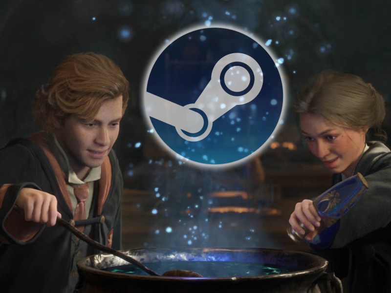 Screenshot aus Hogwarts Legacy. Versehen mit dem Logo von Steam.