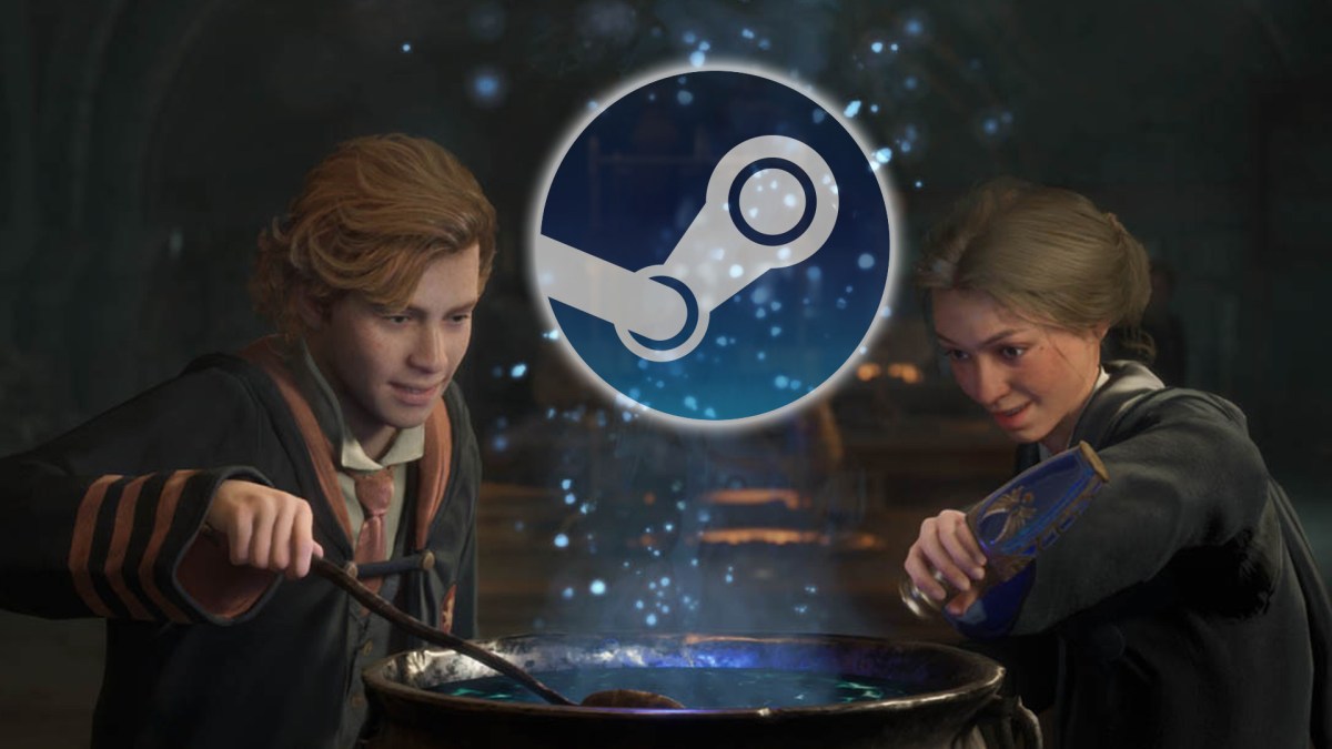 Screenshot aus Hogwarts Legacy. Versehen mit dem Logo von Steam.