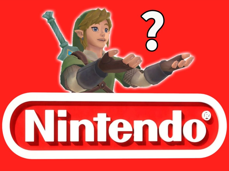 Das Nintendo-Logo samt Link und einem Fragezeichen auf rotem Grund.