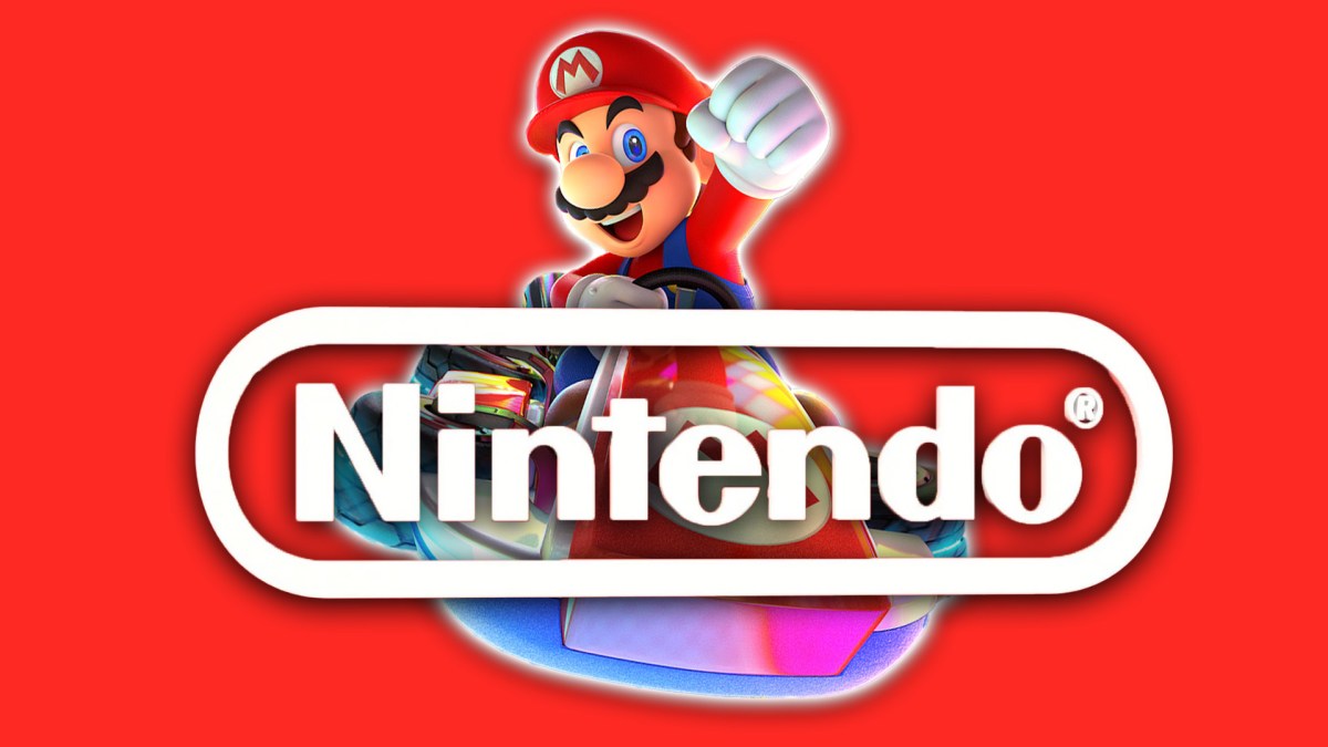 Ein roter Hintergrund mit Mario in einem Kart und dem Nintendo Logo.