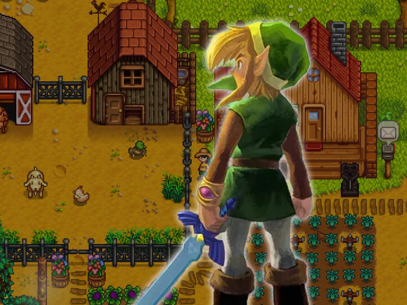 Link aus The Legend of Zelda vor einem Stardew Valley-Screenshot