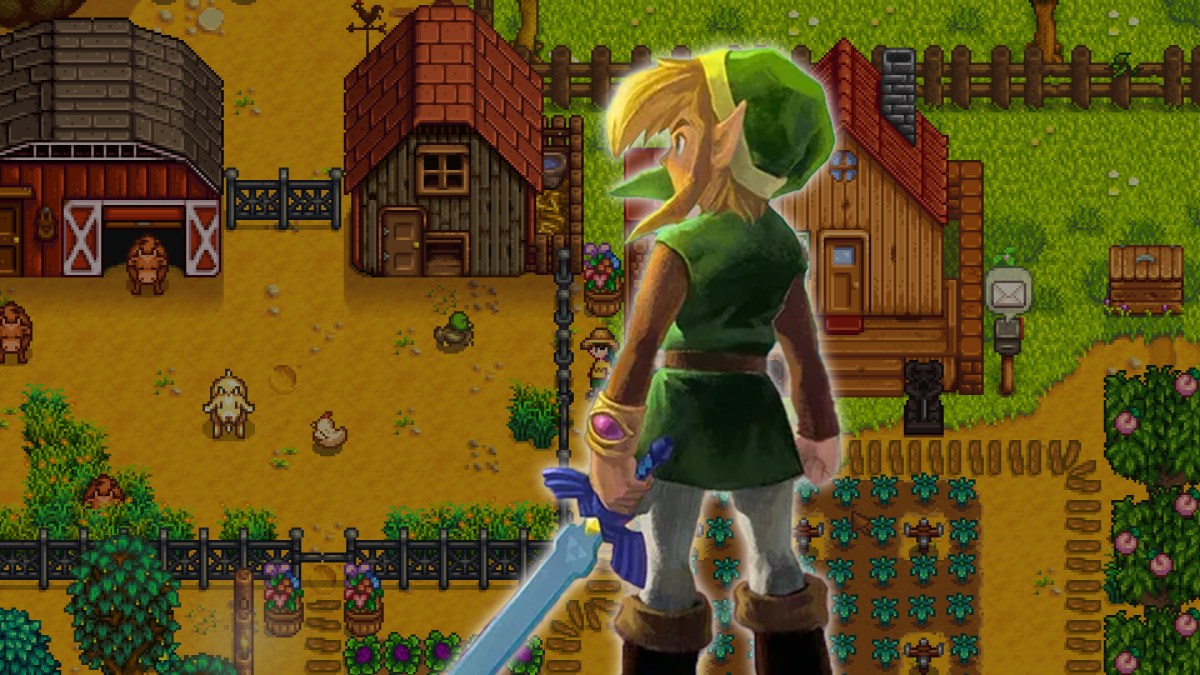 Link aus The Legend of Zelda vor einem Stardew Valley-Screenshot