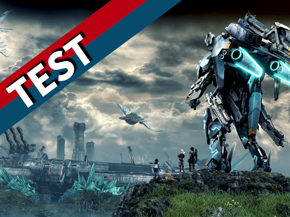 Das Titelbild von Xenoblade Chronicles X mit rotblauem Banner.